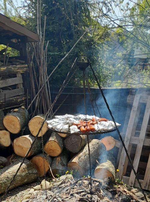 Grillowane kiełbaski na ogniu nad drewnem podczas pikniku w Domu Aktywnego Seniora CuratioW