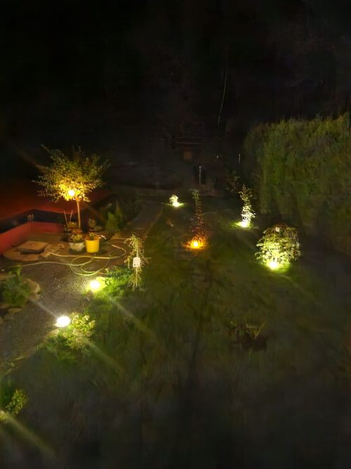 Nocna panorama ogrodu CuratioW w Rajczy z podświetlonym drzewkiem w donicy i lampkami wśród rabat na zboczu