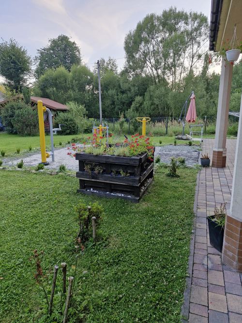 Drewniana donica z kwitnącymi pelargoniami przy siłowni plenerowej CuratioW, zielony ogród i taras